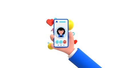 Human hand holds smartphone with abstract video calling app. 3d render illustration