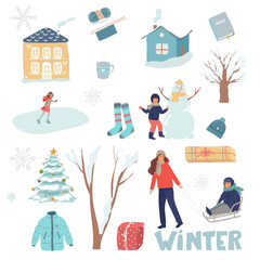 Vector set of holiday icons: house, girl sculpts, snowman, mom rolls her son on toddler sled, rest with children, girl skates, tree, socks gifts, hat, cup, knitting. winter collection. flat isolated