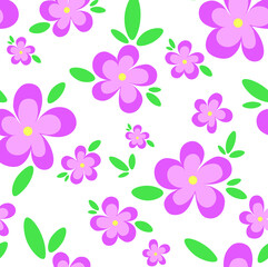A seamless pattern of different sized pink colored flowers with green leaves in white background