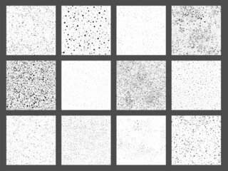 Set of grunge surface vector textures. Black ink splashes and stains seamless patterns. Paint spray isolated background.