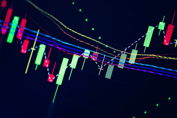 Candlestick chart in financial stock market on digital number background. Forex trading graphic design and Stock market trading trend as concept.	
