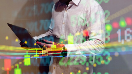 Young business man and digital number of stock market background to represent successful in investment marketing. Find out the best solution in business and financial as concept.	
