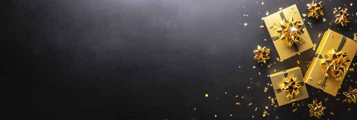 Shiny gold boxes with Christmas presents