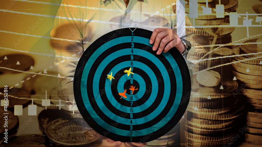 Poster bullseye is a target of business. dart is an opportunity and dartboard is the target and goal. so bo
