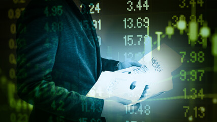 Young business man and digital number of stock market background to represent successful in investment marketing. Find out the best solution in business and financial as concept.	
