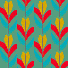 Seamless retro floral pattern. Bright neon flowers on a turquoise background.