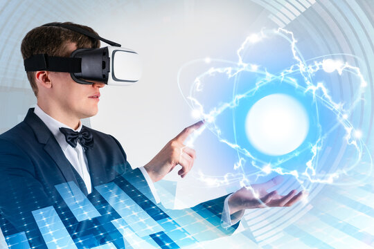 Cyberspace with Particles and Digital Data Network. High Speed Connection and Data Analysis Technology, Abstract hud. Businessman finger touching abstract interface in virtual reality headset. - Powered by Adobe