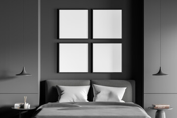 Bed headboard with four square canvases in grey bedroom