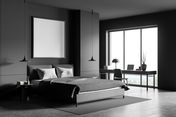 Square canvas in dark grey bedroom with home office desk. Corner view.
