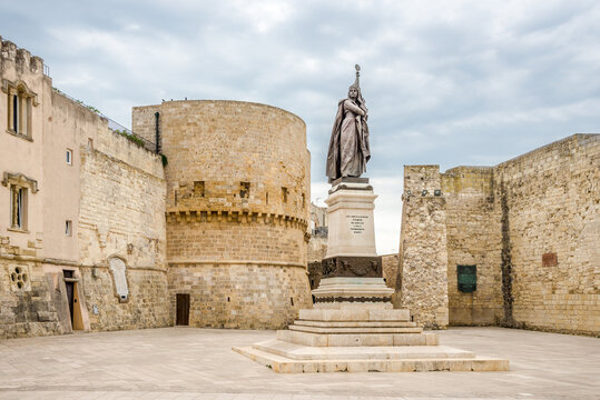 View at the Martiri memorial and Alfonsina tower in the streets of Otranto in Italy
