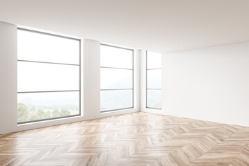 Fototapeta premium White empty living room interior with windows and no furniture, mockup