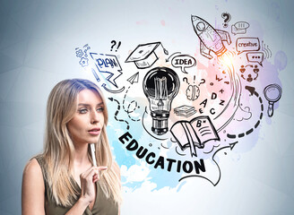 Businesswoman thinking near education doodle on blue background