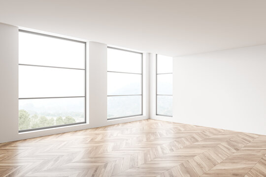 White empty living room interior with windows and no furniture, mockup