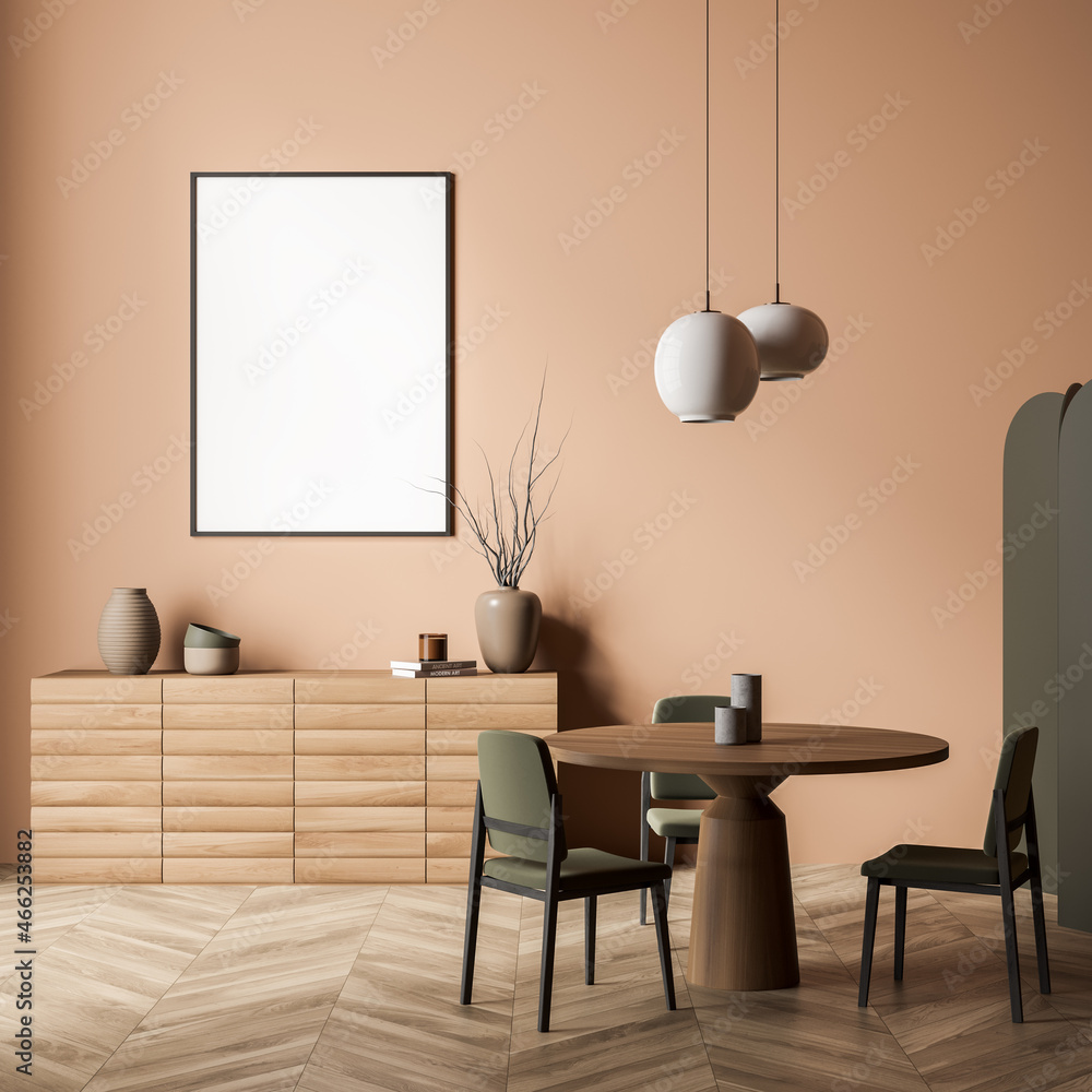 Wall mural Mockup in beige and green living room with dining table