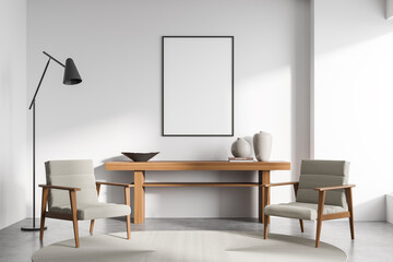 Bright living room interior with empty white poster