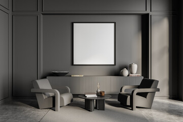 Empty square canvas in dark grey living room. Seating idea.