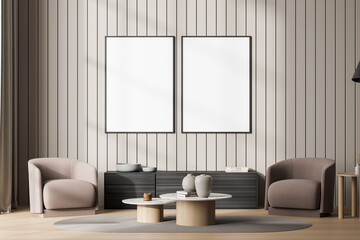 Bright gallery room interior with two empty white posters