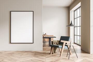 Wooden living room interior with armchair and table near window, mockup poster