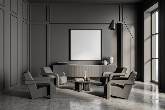 Square frame mockup in dark grey living room with four armchairs