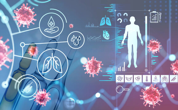Digital interface with human body and icons of lungs, heart