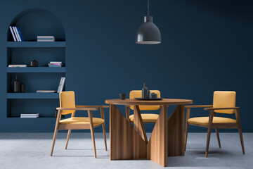 Blue and wooden dining room interior with minimalist furniture and shelf