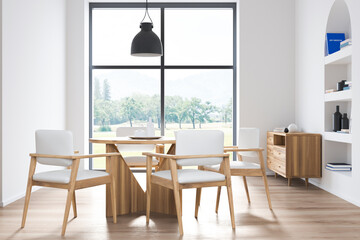 White dining room with arched shelf