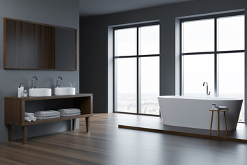 Bathroom interior with two sinks and mirror, bathtub near window