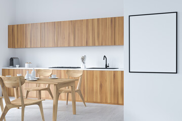White wooden kitchen set interior with table and chairs. Poster menu