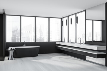 Corner view on dark bathroom interior with two sink, bathtub