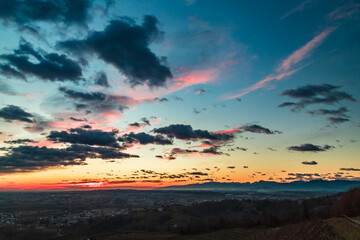 Colorful sunset in the italian vineyards