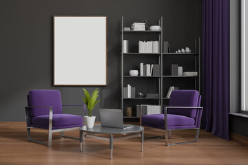 Two armchairs in grey and violet living room with empty frame