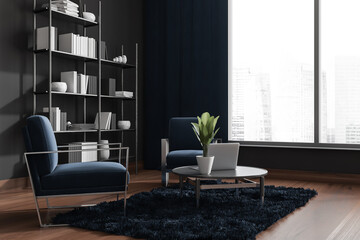 Dark blue and grey living room with two armchairs. Corner view.