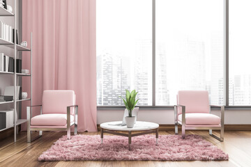 Panoramic living room with two light pink armchairs