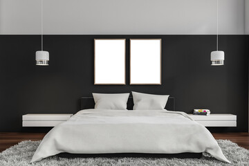 Two frame mockups on wall in on trend black and grey bedroom