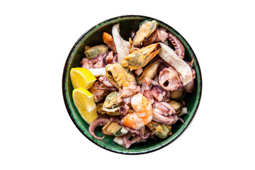 seafood mix shrimp, squid, mussel, octopus ready to eat meal snack on the table copy space food background 