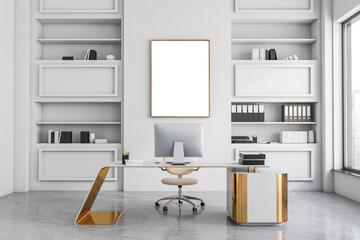 Frame on white wall of top manager office with gold details