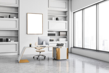 Light business manager room interior with furniture and window, mockup poster