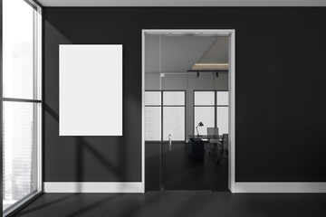 Black and white office corridor with poster on wall