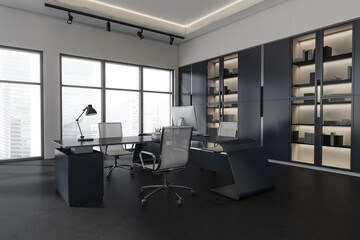 Dark business consulting room interior with furniture and panoramic window