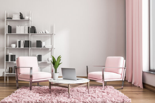 White And Light Pink Living Room With Two Armchairs