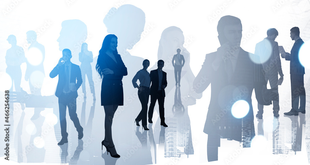 Sticker silhouettes of diverse walking positive business people looking for solutions in abstract office spa