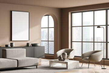 Empty canvas in modern panoramic beige living room with arch doorway. Corner view.