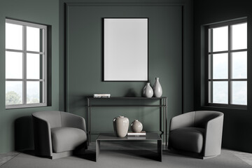 Green and grey living room with empty canvas and two armchairs
