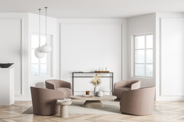 Fototapeta na wymiar White and beige living room. Conversation seating idea.