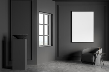 Sparse grey living room with pedestal and canvas on wall