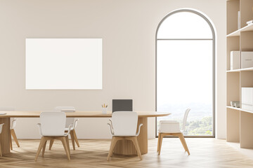 Wooden conference room interior with furniture and window. Mockup poster