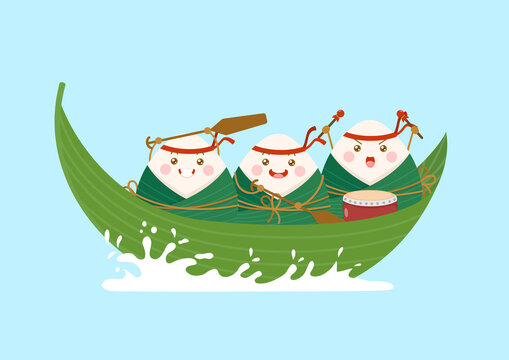 cute and kawaii chinese sticky rice dumplings zongzi cartoon characters riding bamboo leaf boat