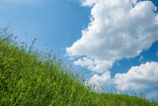 A hill with green grass and a blue sky with clouds.