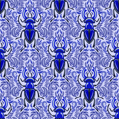 Blue horned brutal beetles on an ornamental background. Seamless vector pattern.