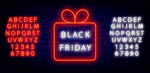 Black friday neon text in gift box emblem. White and red alphabets. Outer glowing effect. Isolated vector illustration